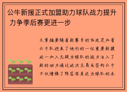 公牛新援正式加盟助力球队战力提升 力争季后赛更进一步