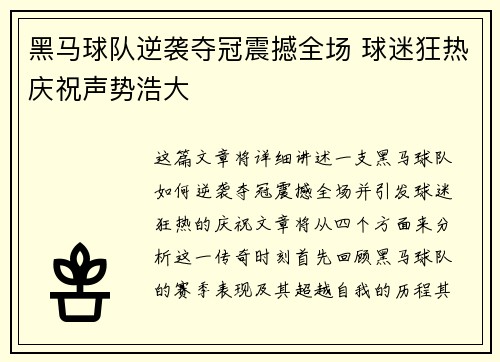 黑马球队逆袭夺冠震撼全场 球迷狂热庆祝声势浩大