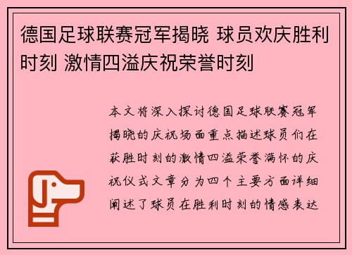 德国足球联赛冠军揭晓 球员欢庆胜利时刻 激情四溢庆祝荣誉时刻